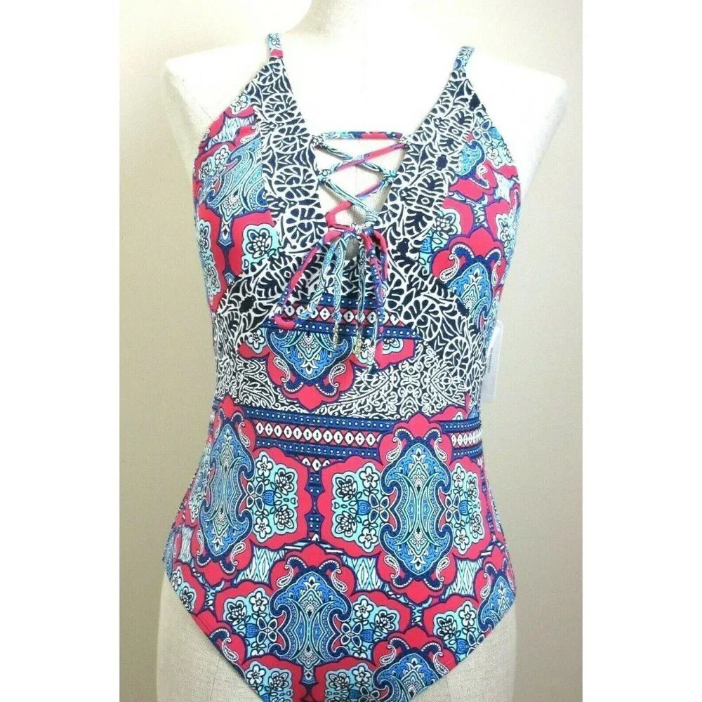 COPY - Tommy Bahama Womens Riviera Tile Lace Front 1 Piece Swimsuit Cerise Size…